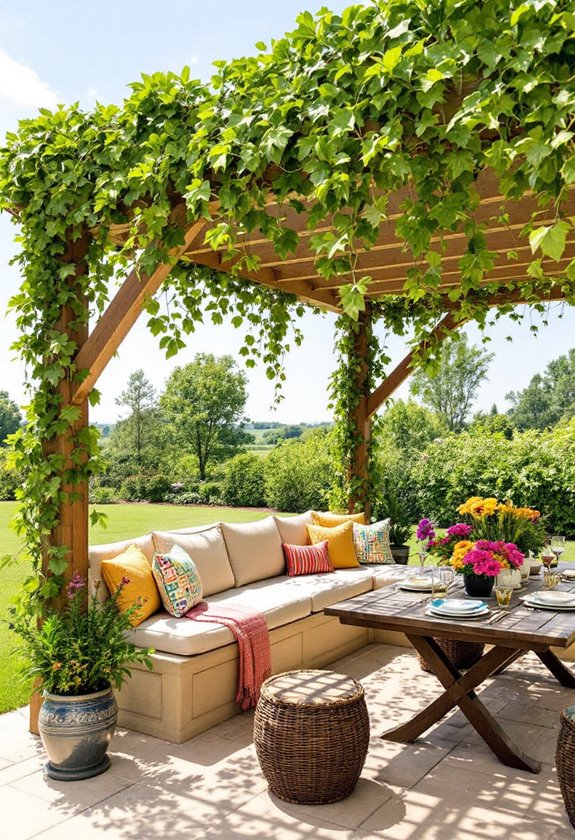 seating integrated into pergola