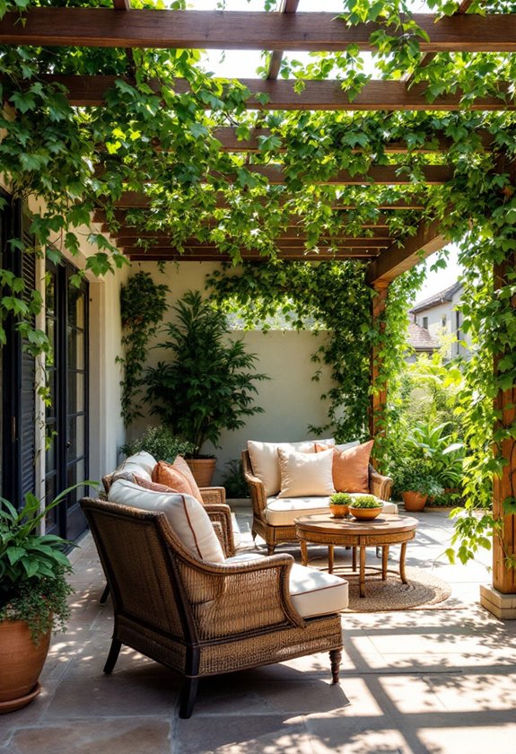 vines adorning pergola structure