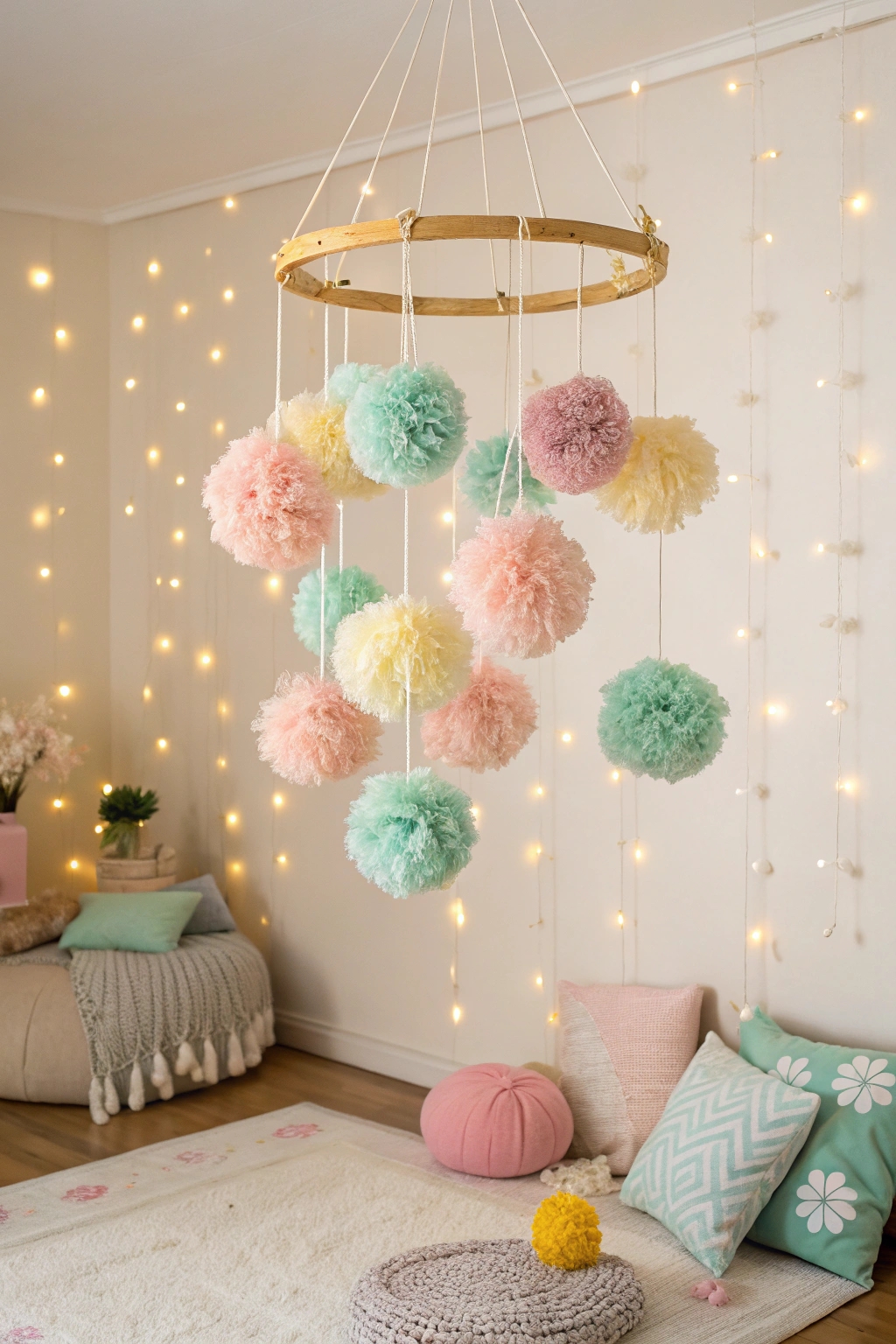 colorful hanging pom poms