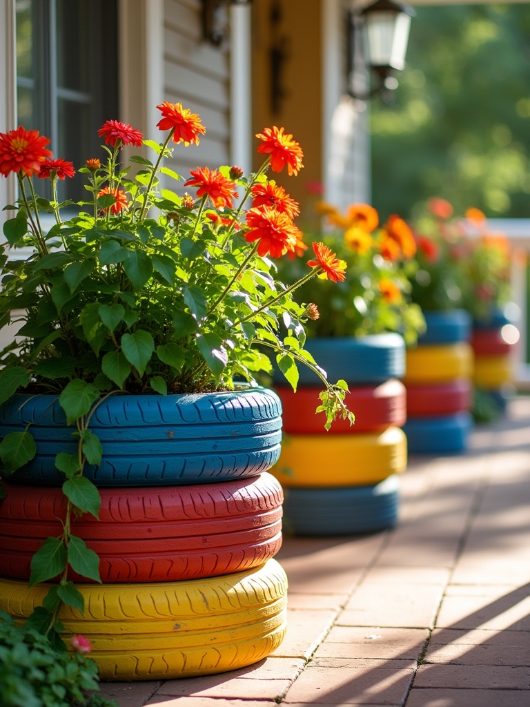 colorful tire garden planters