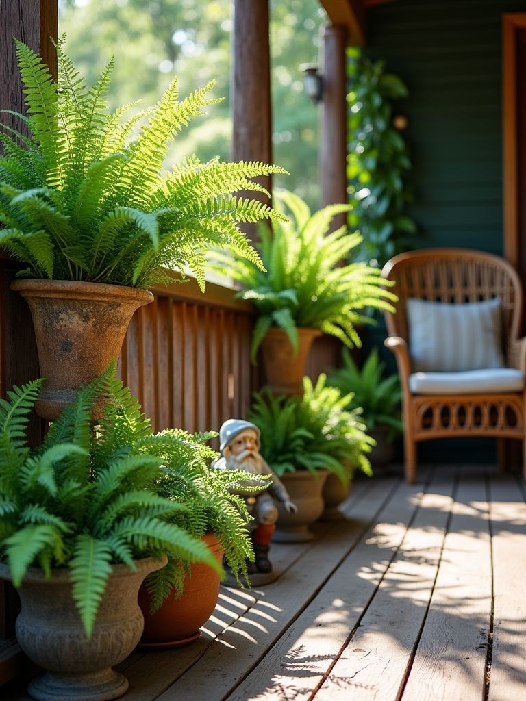 ferns enhance garden statues