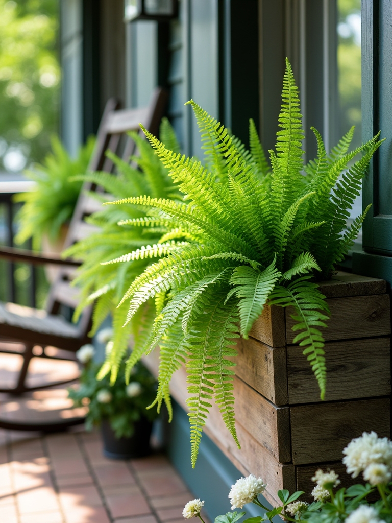 ferns enhance window boxes