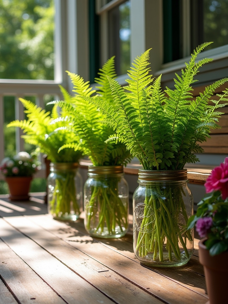 ferns in rustic mason jars