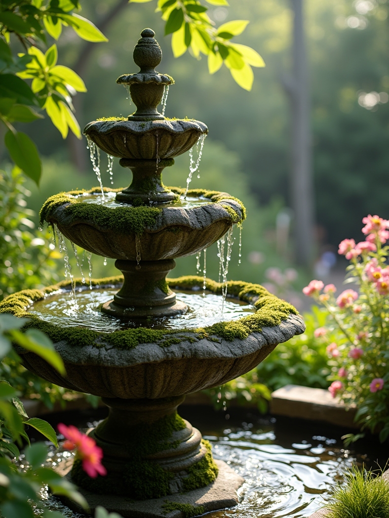 moss covered garden fountain beauty