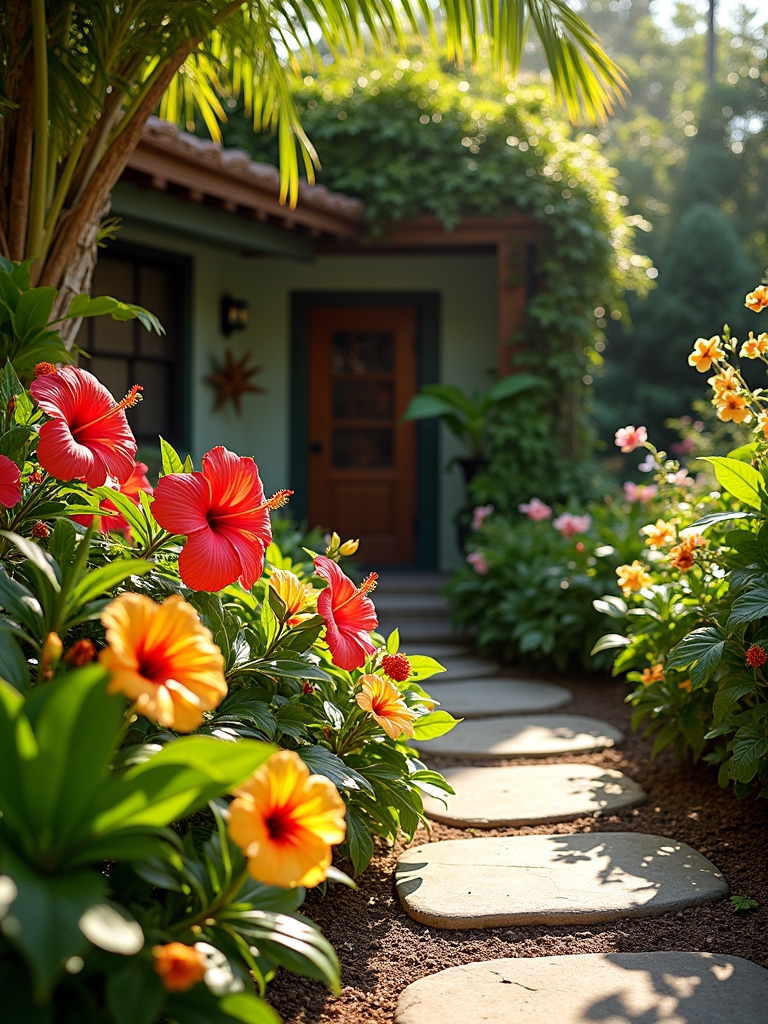 tropical foliage and blooms