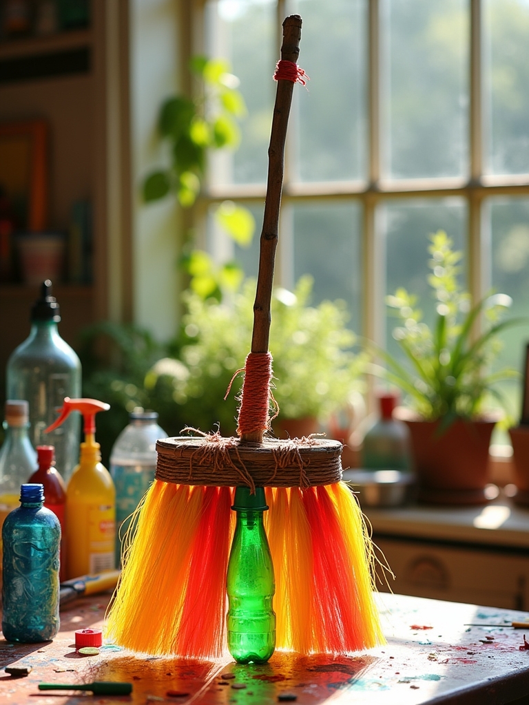 upcycled broom from bottles