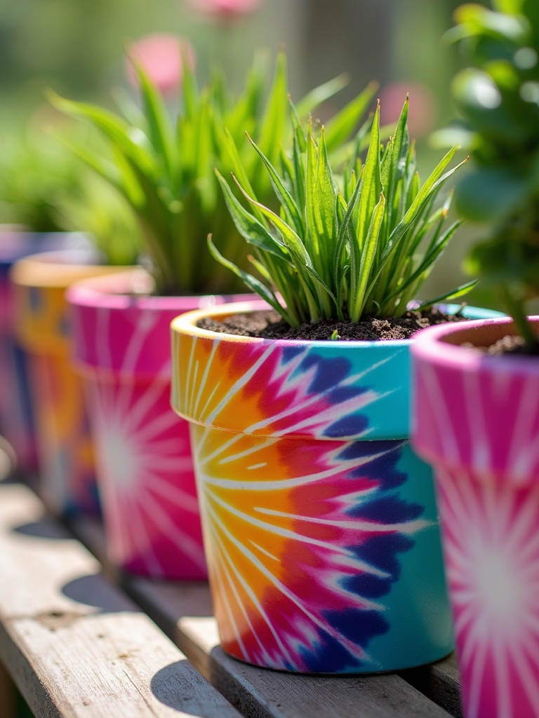vibrant tie dye flower pots
