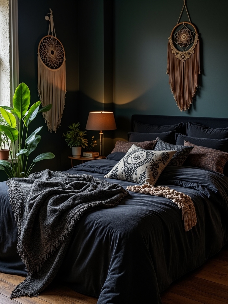 bohemian black bed decor