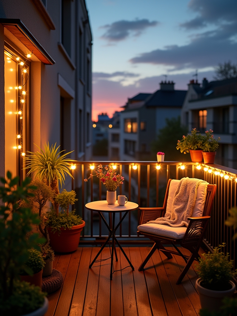 cozy balcony string lights