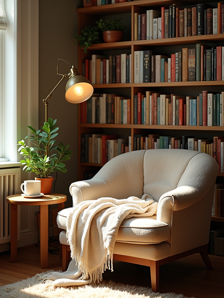 cozy bookshelf reading nook