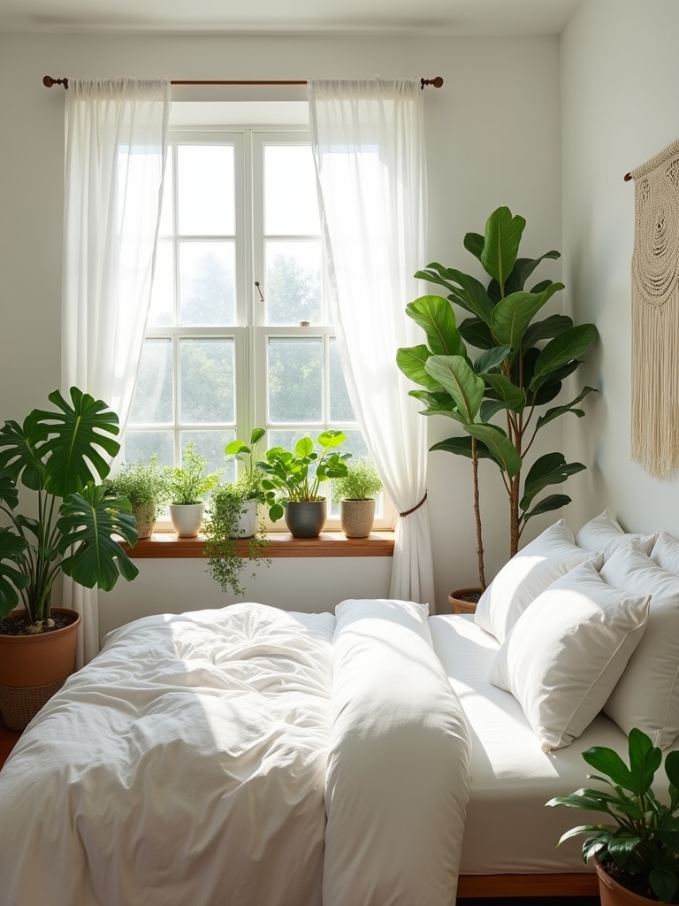 greenery enhances white bedrooms