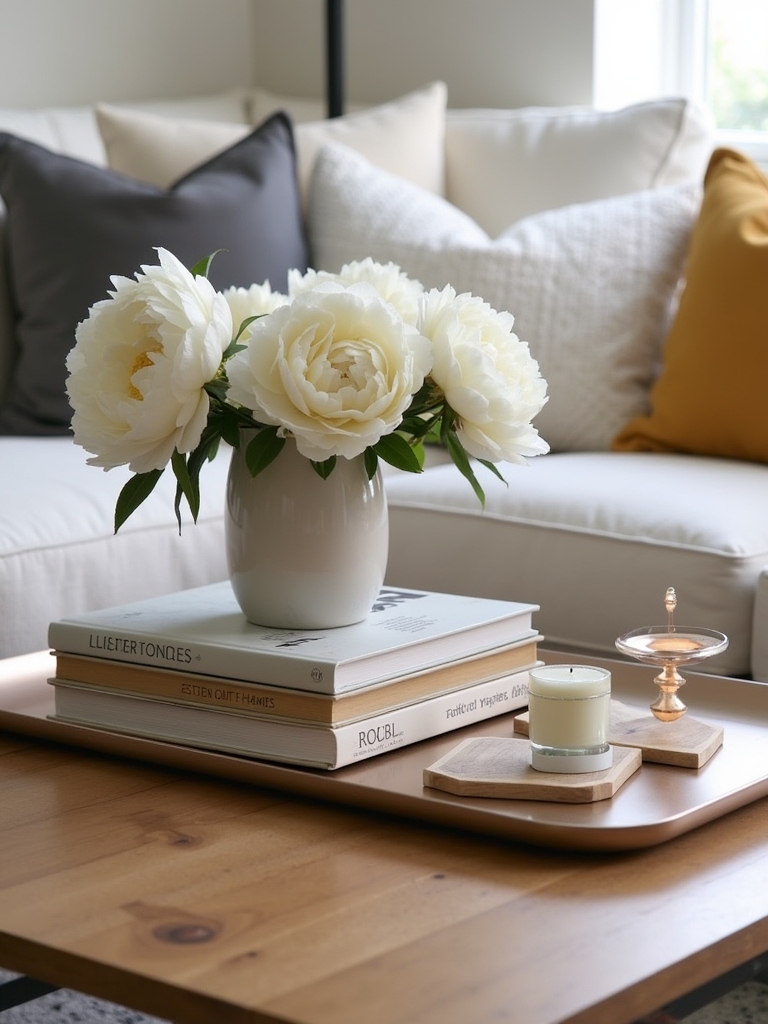 layered books and trays