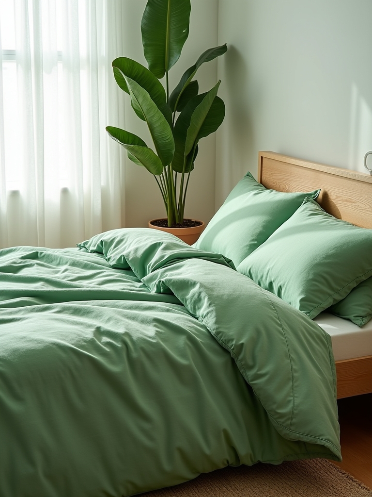 modern green and white bedding