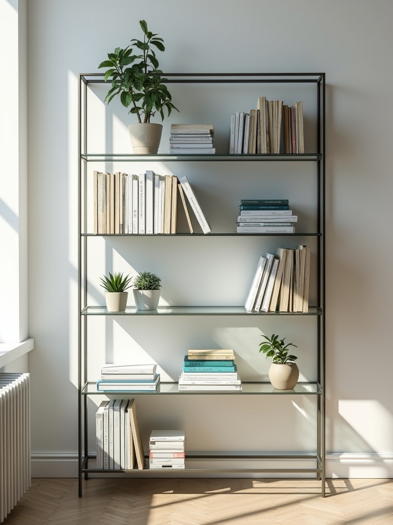 sleek glass metal bookshelf