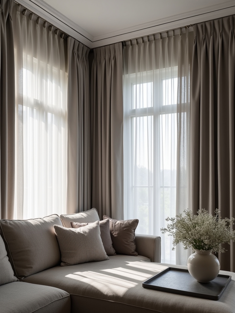 layered grey curtain decor