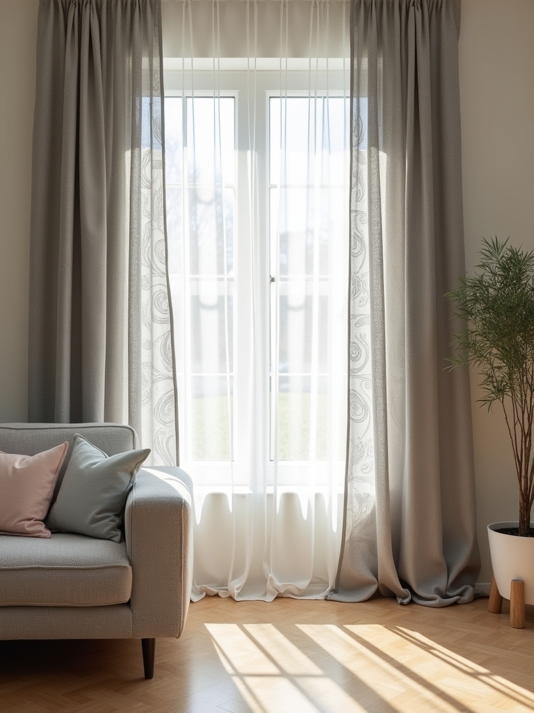 patterned grey curtains enhance ambiance