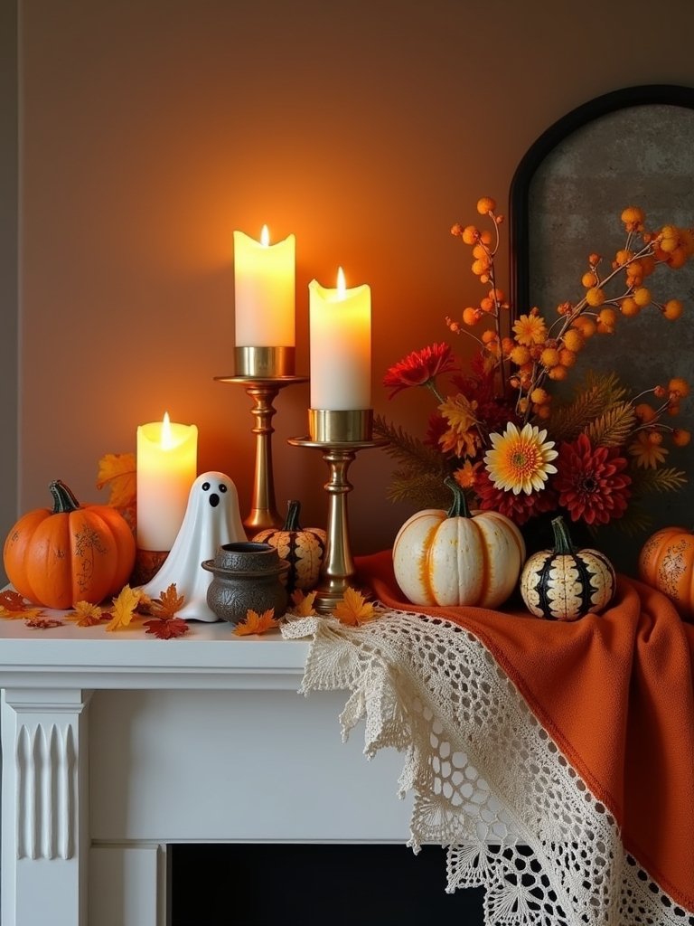 cozy halloween mantel decor