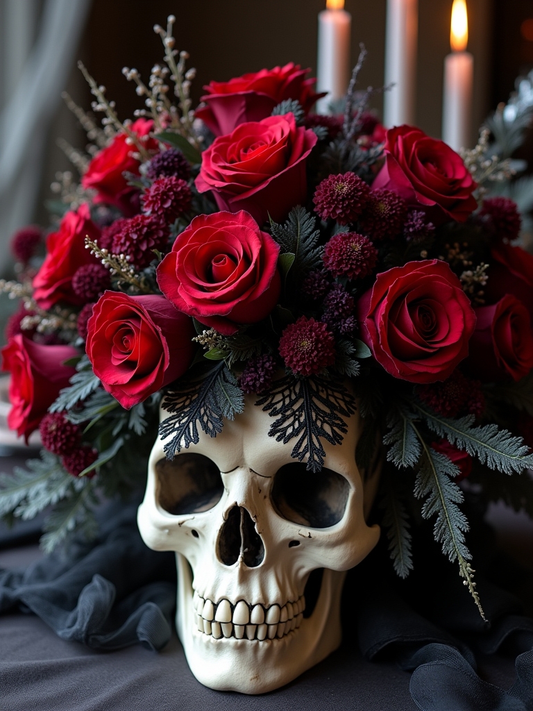 skull vase with roses