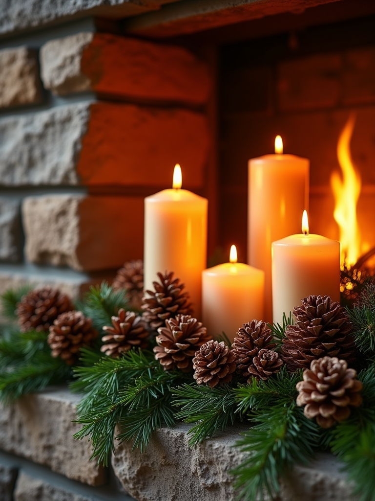candlelit pinecone winter decor