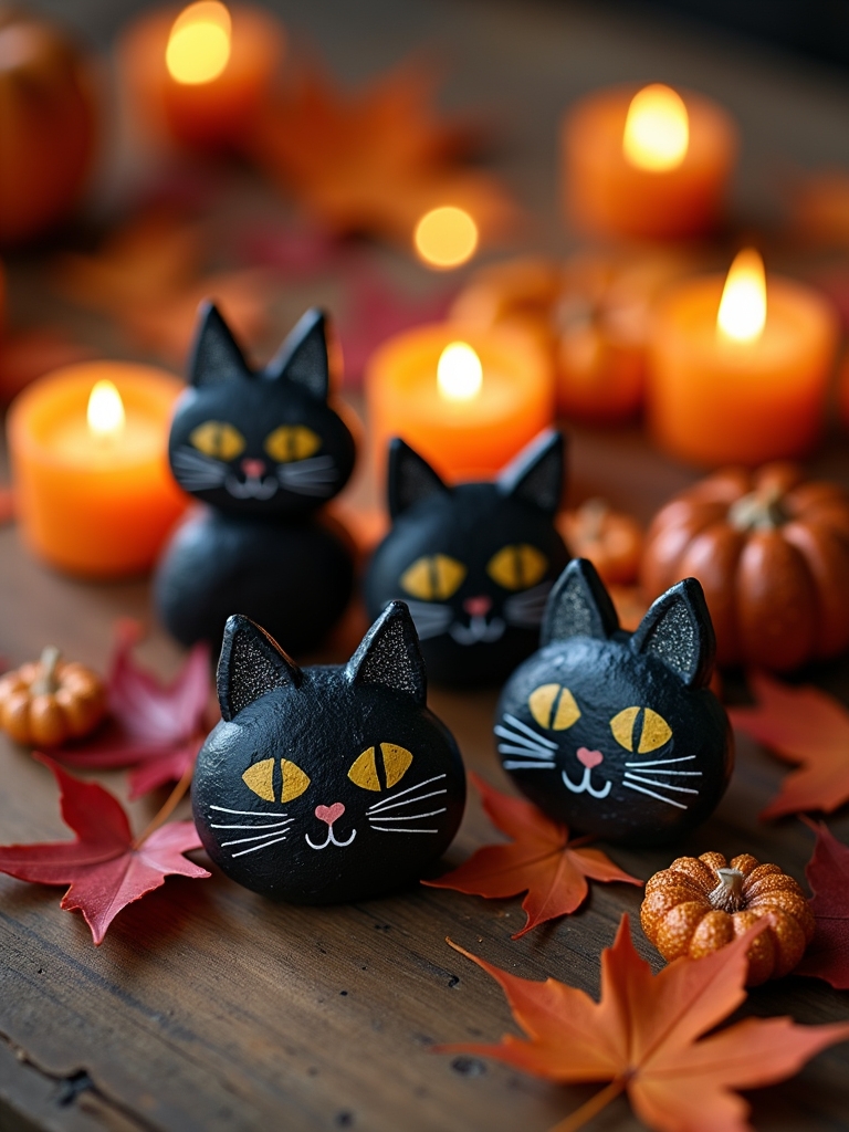 hand painted halloween cat rocks