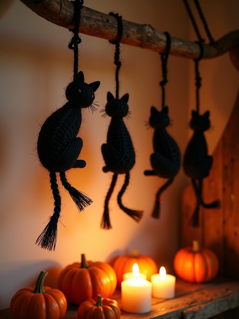 whimsical macrame cat hangings
