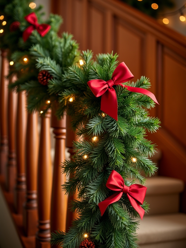 pine garland with red bows